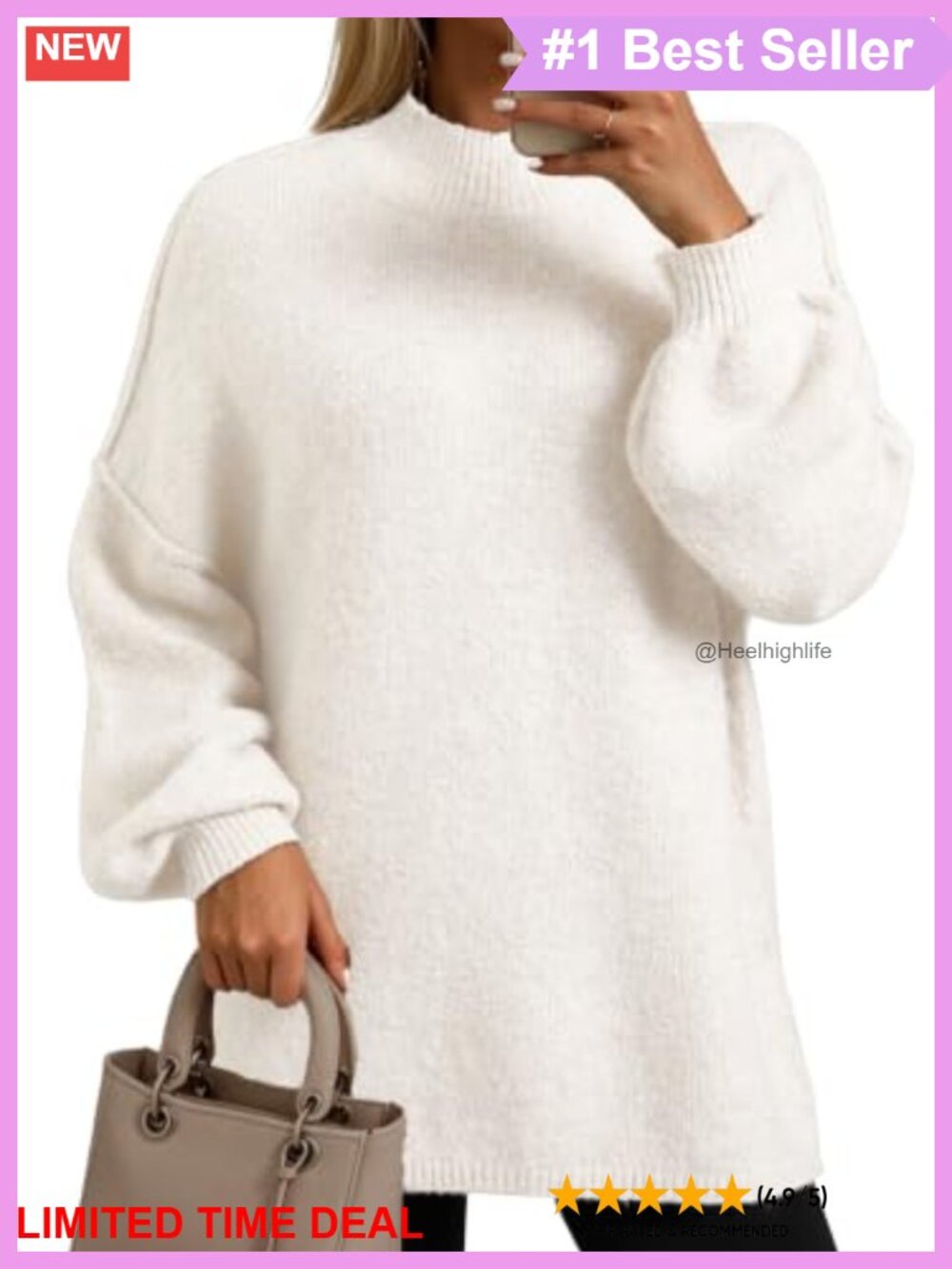 Oversized Mock Neck Batwing Long Sleeve Chunky Knit Pullover Sweater
